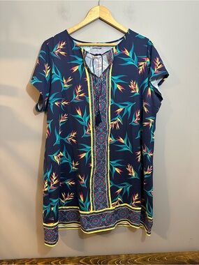 Lands End Swim Cover-Up Dress Womens 1X Navy Tropical Beach Mini Shift Sundress